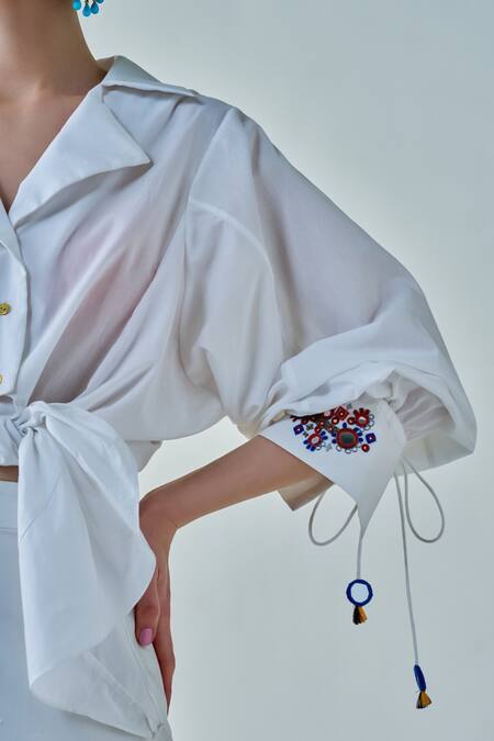 Buy Saaksha & Kinni White Poplin Embroidery Collared Olivia Cuff Hand Shirt Online at Aza Fashions Buy_Saaksha & Kinni_White Poplin Embroidery Collared Olivia Cuff Hand Shirt _Online_at_Aza_Fashions