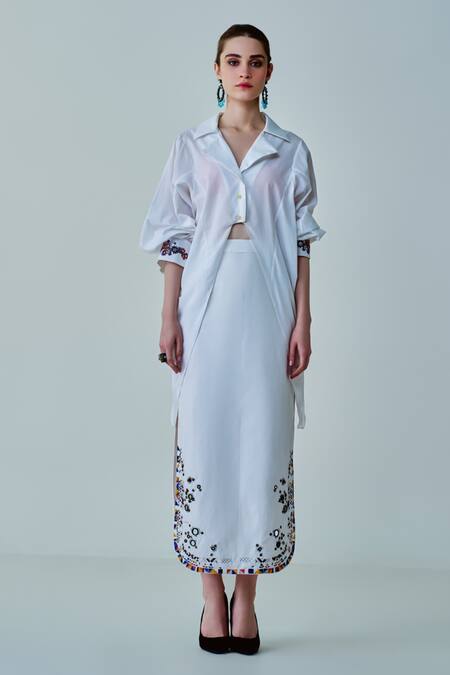 Shop Saaksha & Kinni White Poplin Embroidery Collared Olivia Cuff Hand Shirt Online at Aza Fashions Shop_Saaksha & Kinni_White Poplin Embroidery Collared Olivia Cuff Hand Shirt _Online_at_Aza_Fashions