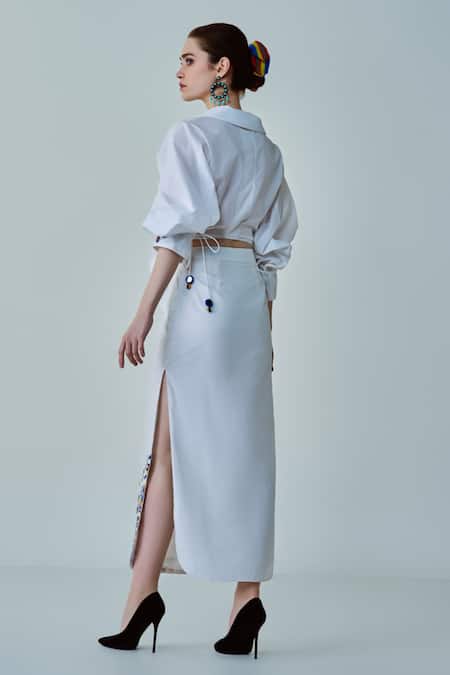 Shop Saaksha & Kinni White Poplin Embroidery Collared Olivia Cuff Hand Shirt at Aza Fashions Shop_Saaksha & Kinni_White Poplin Embroidery Collared Olivia Cuff Hand Shirt _at_Aza_Fashions