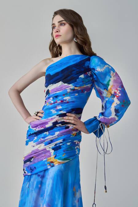 Saaksha & Kinni Blue Chiffon, Satin One Shoulder Alison Ikat Print Asymmetric Dress Online at Aza Fashions Saaksha & Kinni_Blue Chiffon, Satin One Shoulder Alison Ikat Print Asymmetric Dress _Online_at_Aza_Fashions