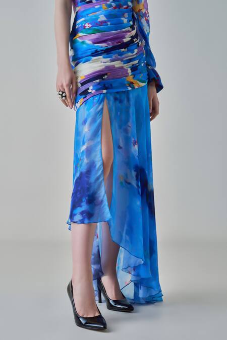 Buy Saaksha & Kinni Blue Chiffon, Satin One Shoulder Alison Ikat Print Asymmetric Dress Online at Aza Fashions Buy_Saaksha & Kinni_Blue Chiffon, Satin One Shoulder Alison Ikat Print Asymmetric Dress _Online_at_Aza_Fashions