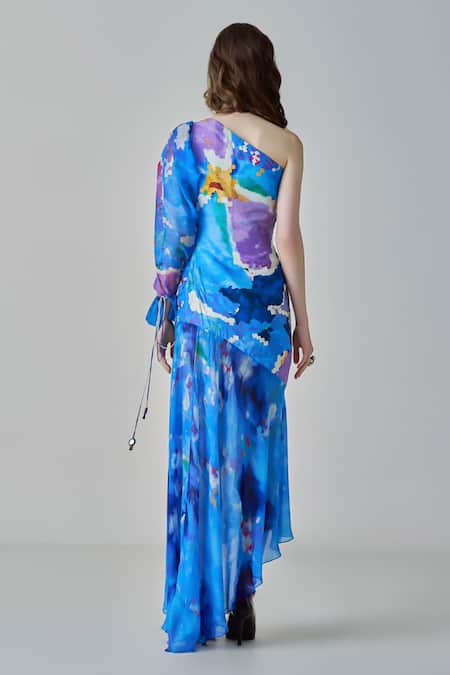 Shop Saaksha & Kinni Blue Chiffon, Satin One Shoulder Alison Ikat Print Asymmetric Dress at Aza Fashions Shop_Saaksha & Kinni_Blue Chiffon, Satin One Shoulder Alison Ikat Print Asymmetric Dress _at_Aza_Fashions