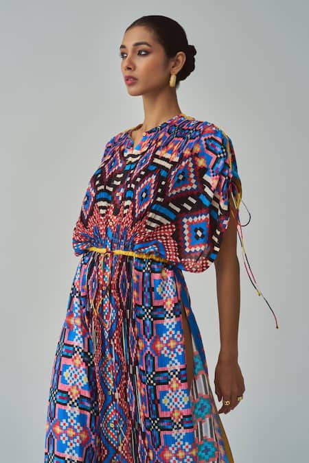 Saaksha & Kinni_Blue Cotton, Silk Round Neck Sasha Ikat Print Kaftan _Online_at_Aza_Fashions