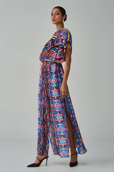 Buy_Saaksha & Kinni_Blue Cotton, Silk Round Neck Sasha Ikat Print Kaftan _Online_at_Aza_Fashions
