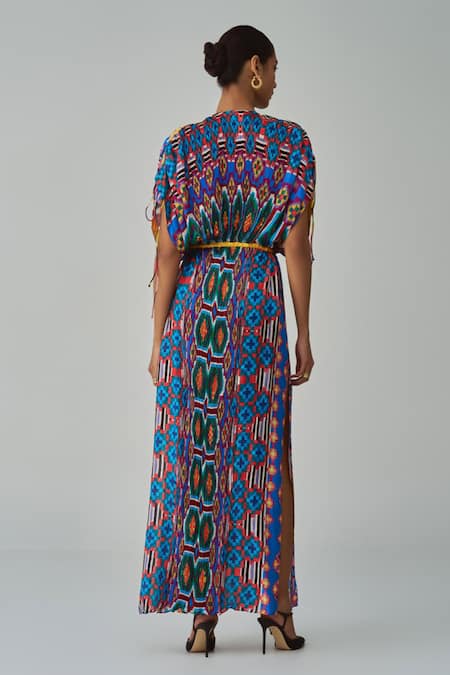 Shop_Saaksha & Kinni_Blue Cotton, Silk Round Neck Sasha Ikat Print Kaftan _at_Aza_Fashions