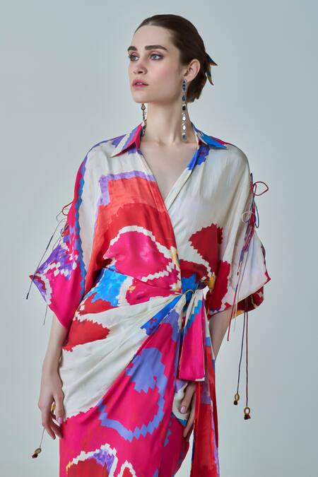 Saaksha & Kinni_Pink Silk Collared Evelyn Ikat Print Dress_Online_at_Aza_Fashions