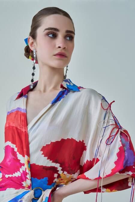 Buy_Saaksha & Kinni_Pink Silk Collared Evelyn Ikat Print Dress_Online_at_Aza_Fashions