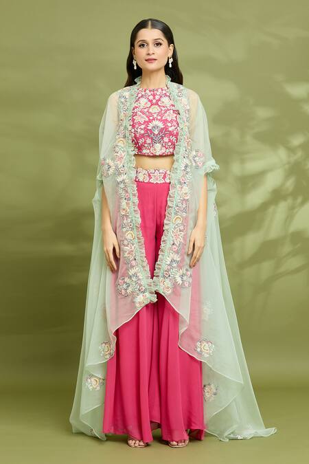 Vyasa By Urvi_Red Silk Embroidery Round Neck Floral Hand Cape Sharara Set _Online_at_Aza_Fashions