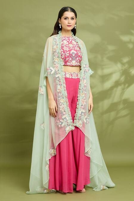Buy_Vyasa By Urvi_Red Silk Embroidery Round Neck Floral Hand Cape Sharara Set _Online_at_Aza_Fashions