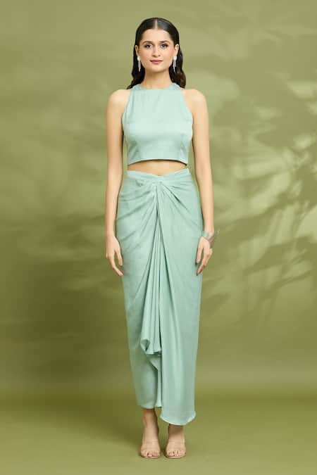 Vyasa By Urvi Green Modal, Satin, Organza Embroidery Round Neck Hand Cape Skirt Set Online at Aza Fashions Vyasa By Urvi_Green Modal, Satin, Organza Embroidery Round Neck Hand Cape Skirt Set _Online_at_Aza_Fashions