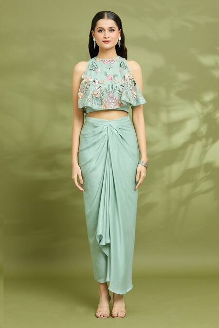 Buy Vyasa By Urvi Green Modal, Satin, Organza Embroidery Round Neck Hand Cape Skirt Set Online at Aza Fashions Buy_Vyasa By Urvi_Green Modal, Satin, Organza Embroidery Round Neck Hand Cape Skirt Set _Online_at_Aza_Fashions