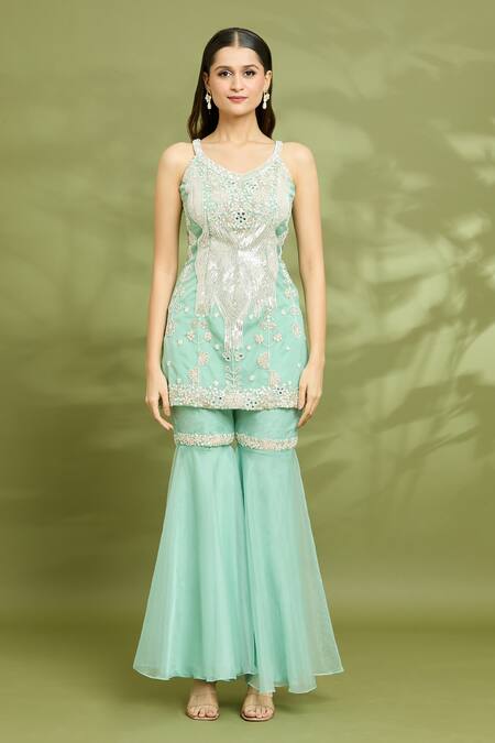 Vyasa By Urvi_Green Organza, Net, Crepe, Linen Zari, Sequins, Embroidered Tunic Gharara Set _Online_at_Aza_Fashions