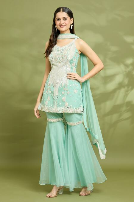 Buy_Vyasa By Urvi_Green Organza, Net, Crepe, Linen Zari, Sequins, Embroidered Tunic Gharara Set _Online_at_Aza_Fashions