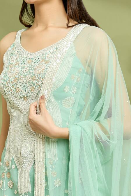 Shop_Vyasa By Urvi_Green Organza, Net, Crepe, Linen Zari, Sequins, Embroidered Tunic Gharara Set _Online_at_Aza_Fashions