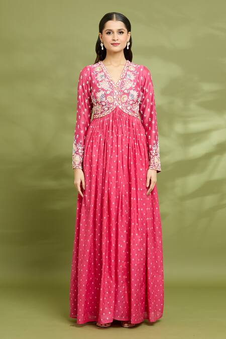 Vyasa By Urvi_Red Organza, Chanderi Embroidery V-neck Anarkali With Dupatta _Online_at_Aza_Fashions