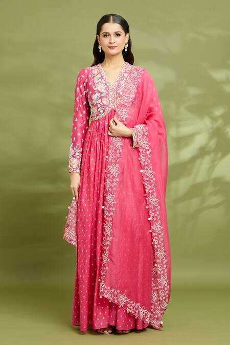 Buy_Vyasa By Urvi_Red Organza, Chanderi Embroidery V-neck Anarkali With Dupatta _Online_at_Aza_Fashions