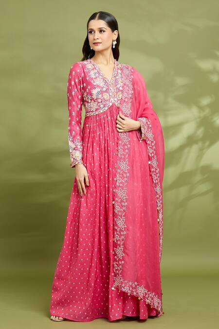 Shop_Vyasa By Urvi_Red Organza, Chanderi Embroidery V-neck Anarkali With Dupatta _Online_at_Aza_Fashions