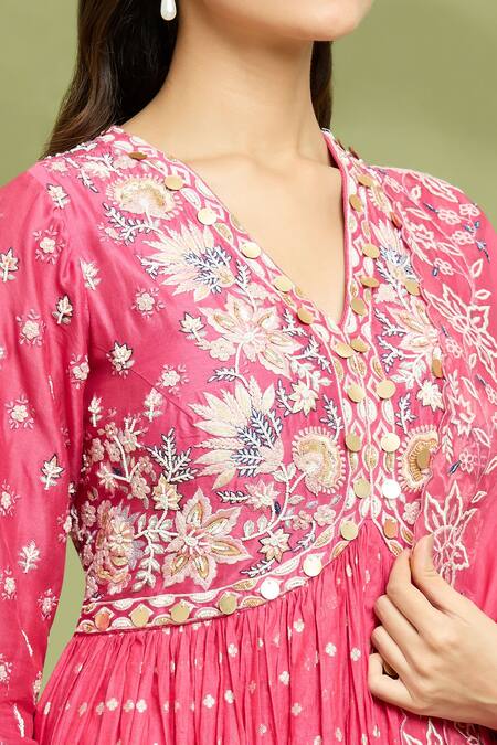 Vyasa By Urvi_Red Organza, Chanderi Embroidery V-neck Anarkali With Dupatta _at_Aza_Fashions