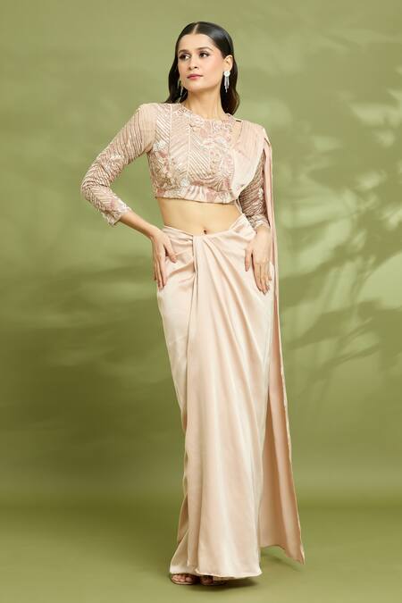 Buy_Vyasa By Urvi_Beige Organza, Satin, Crepe Embroidery Round Neck Skirt Set With Dupatta _Online_at_Aza_Fashions