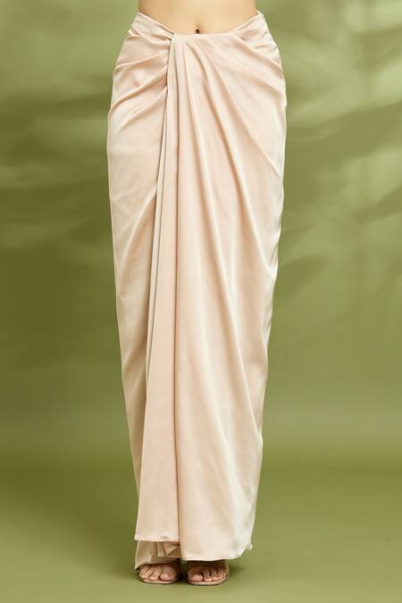 Vyasa By Urvi_Beige Organza, Satin, Crepe Embroidery Round Neck Skirt Set With Dupatta _at_Aza_Fashions