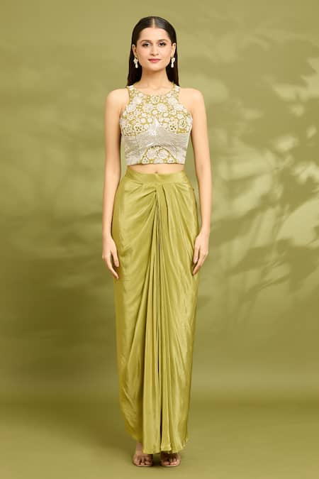 Vyasa By Urvi_Green Organza, Crepe Mirrors, Sequins Round Neck Embroidered Cape Skirt Set _Online_at_Aza_Fashions