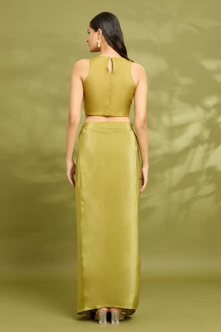 Buy_Vyasa By Urvi_Green Organza, Crepe Mirrors, Sequins Round Neck Embroidered Cape Skirt Set _Online_at_Aza_Fashions