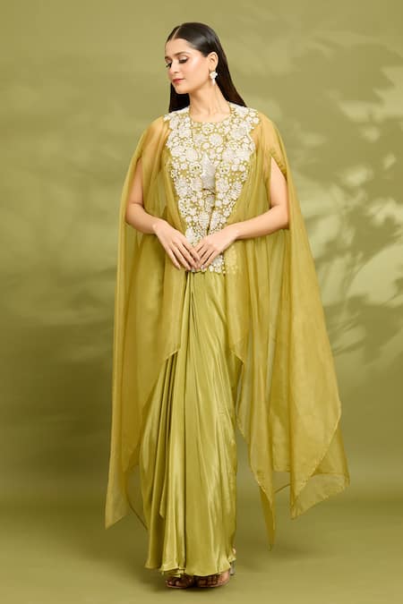 Shop_Vyasa By Urvi_Green Organza, Crepe Mirrors, Sequins Round Neck Embroidered Cape Skirt Set _Online_at_Aza_Fashions