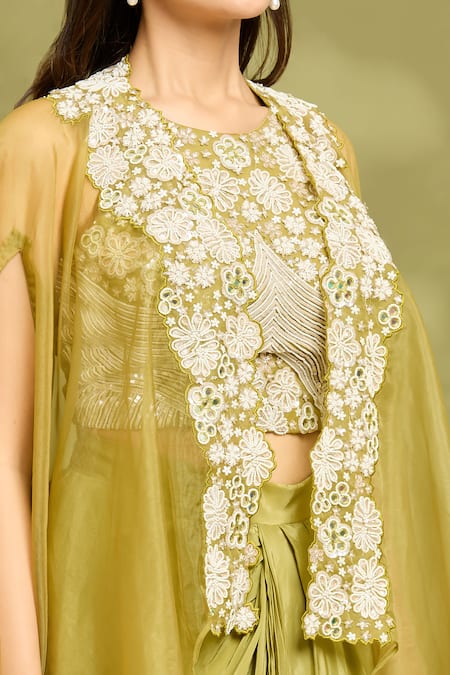 Vyasa By Urvi_Green Organza, Crepe Mirrors, Sequins Round Neck Embroidered Cape Skirt Set _at_Aza_Fashions