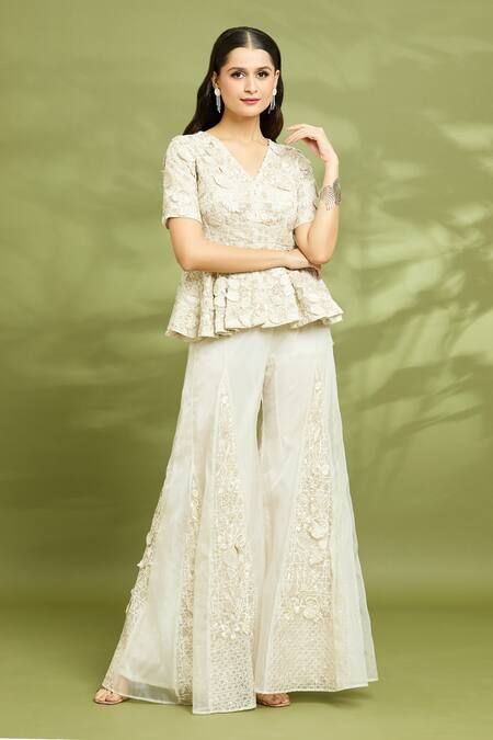 Vyasa By Urvi_Ivory Organza, Linen, Crepe Embroidery V-neck Hand Jacket And Sharara Set _Online_at_Aza_Fashions
