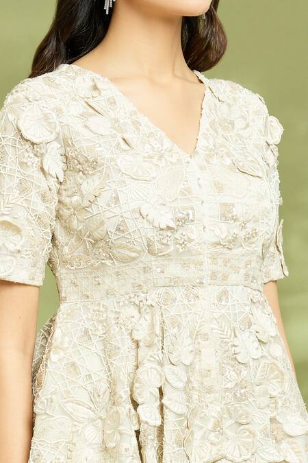 Buy_Vyasa By Urvi_Ivory Organza, Linen, Crepe Embroidery V-neck Hand Jacket And Sharara Set _Online_at_Aza_Fashions