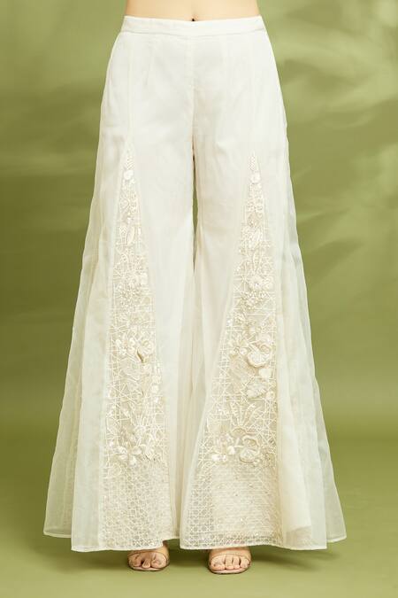 Shop_Vyasa By Urvi_Ivory Organza, Linen, Crepe Embroidery V-neck Hand Jacket And Sharara Set _Online_at_Aza_Fashions