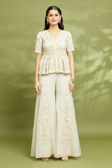 Vyasa By Urvi_Ivory Organza, Linen, Crepe Embroidery V-neck Hand Jacket And Sharara Set _at_Aza_Fashions