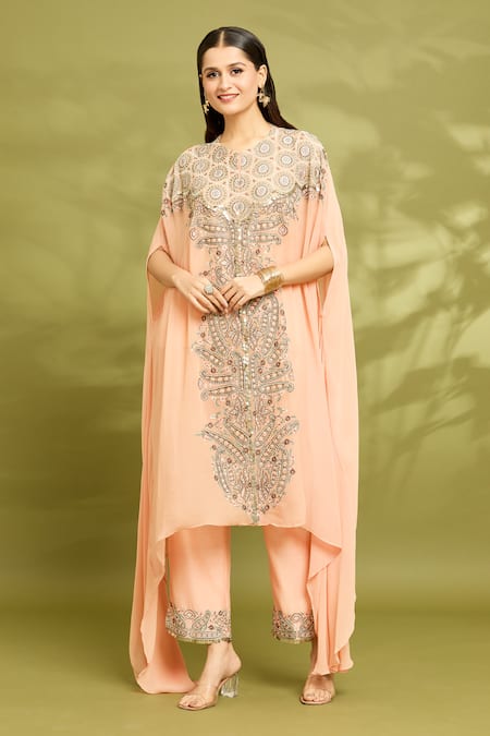 Vyasa by Urvi Peach Viscose Georgette Hand Embroidered Paisley Round Kaftan Trouser Set 