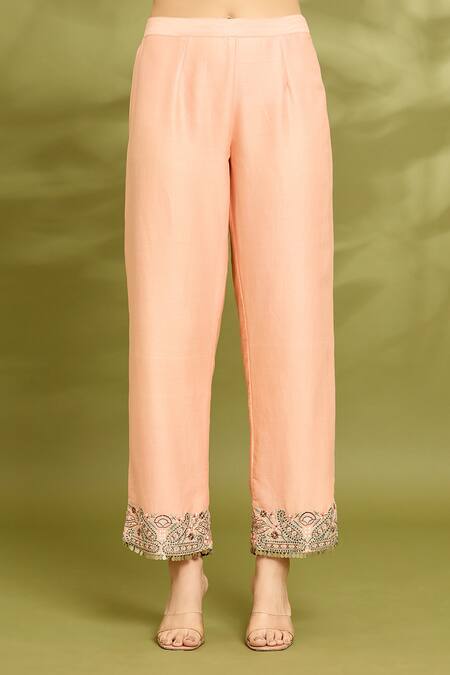 Vyasa By Urvi_Peach Chanderi, Viscose, Georgette Mirrors, Embroidery Hand Kaftan Trouser Set _Online_at_Aza_Fashions