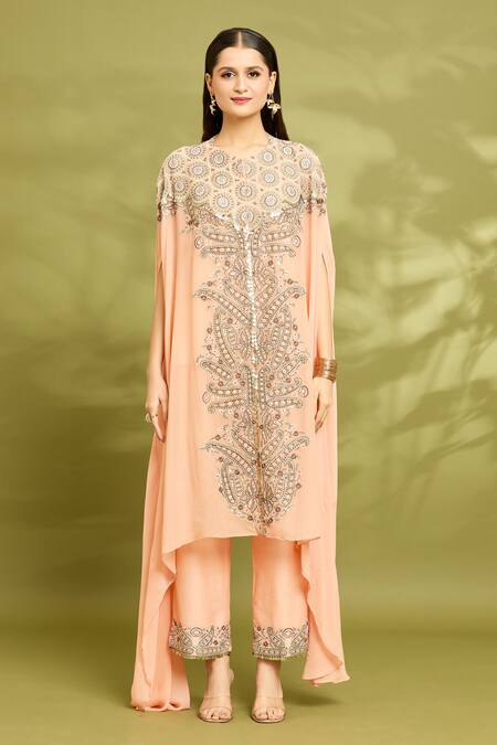 Buy_Vyasa By Urvi_Peach Chanderi, Viscose, Georgette Mirrors, Embroidery Hand Kaftan Trouser Set _Online_at_Aza_Fashions