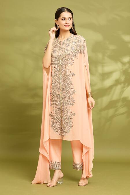 Shop_Vyasa By Urvi_Peach Chanderi, Viscose, Georgette Mirrors, Embroidery Hand Kaftan Trouser Set _Online_at_Aza_Fashions