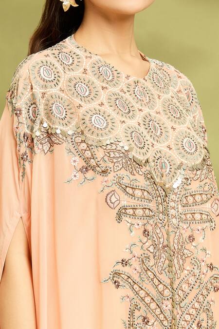 Vyasa By Urvi_Peach Chanderi, Viscose, Georgette Mirrors, Embroidery Hand Kaftan Trouser Set _at_Aza_Fashions