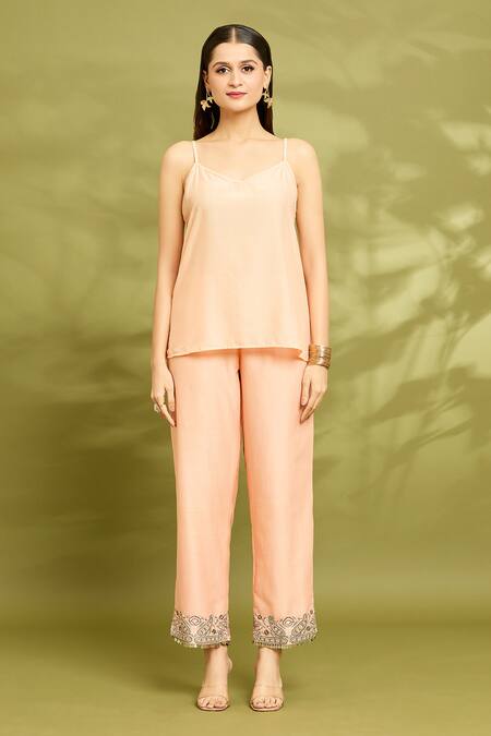 Buy_Vyasa By Urvi_Peach Chanderi, Viscose, Georgette Mirrors, Embroidery Hand Kaftan Trouser Set 