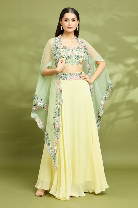 Vyasa by Urvi Yellow Viscose Georgette Hand Embroidered Floral Round Cape Skirt Set 