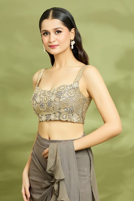 Vyasa By Urvi Grey Organza, Viscose, Georgette, Embroidered Pre-stitched Ruffle Saree Set Online at Aza Fashions Vyasa By Urvi_Grey Organza, Viscose, Georgette, Embroidered Pre-stitched Ruffle Saree Set _Online_at_Aza_Fashions