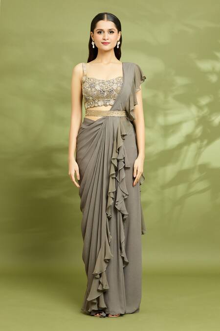 Buy Vyasa By Urvi Grey Organza, Viscose, Georgette, Embroidered Pre-stitched Ruffle Saree Set Online at Aza Fashions Buy_Vyasa By Urvi_Grey Organza, Viscose, Georgette, Embroidered Pre-stitched Ruffle Saree Set _Online_at_Aza_Fashions