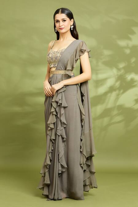 Shop Vyasa By Urvi Grey Organza, Viscose, Georgette, Embroidered Pre-stitched Ruffle Saree Set Online at Aza Fashions Shop_Vyasa By Urvi_Grey Organza, Viscose, Georgette, Embroidered Pre-stitched Ruffle Saree Set _Online_at_Aza_Fashions