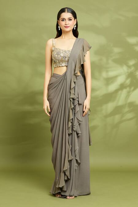 Buy Vyasa By Urvi Grey Organza, Viscose, Georgette, Embroidered Pre-stitched Ruffle Saree Set Buy_Vyasa By Urvi_Grey Organza, Viscose, Georgette, Embroidered Pre-stitched Ruffle Saree Set