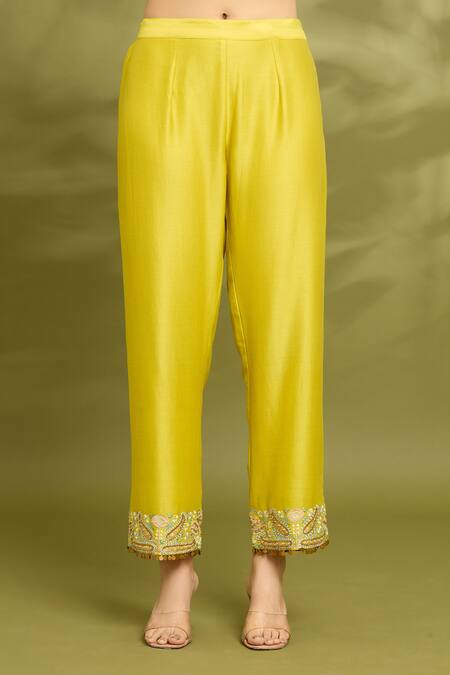 Vyasa By Urvi_Yellow Chanderi, Viscose, Georgette, Linen Mirrors, Kaftan Trouser Set _Online_at_Aza_Fashions