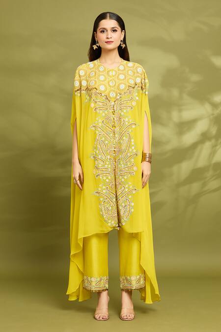 Buy_Vyasa By Urvi_Yellow Chanderi, Viscose, Georgette, Linen Mirrors, Kaftan Trouser Set _Online_at_Aza_Fashions