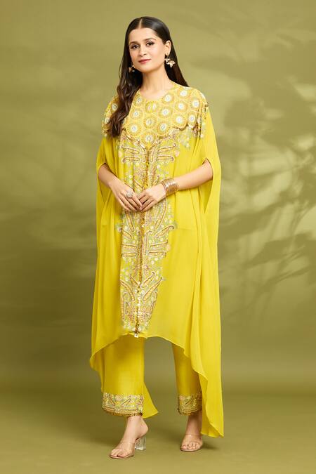 Shop_Vyasa By Urvi_Yellow Chanderi, Viscose, Georgette, Linen Mirrors, Kaftan Trouser Set _Online_at_Aza_Fashions