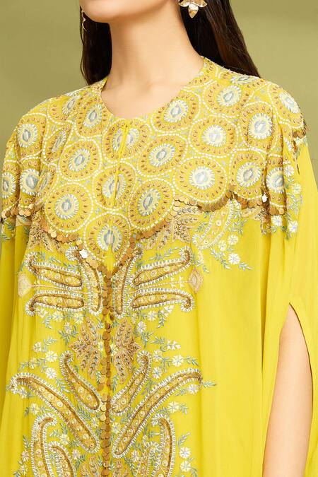 Vyasa By Urvi_Yellow Chanderi, Viscose, Georgette, Linen Mirrors, Kaftan Trouser Set _at_Aza_Fashions