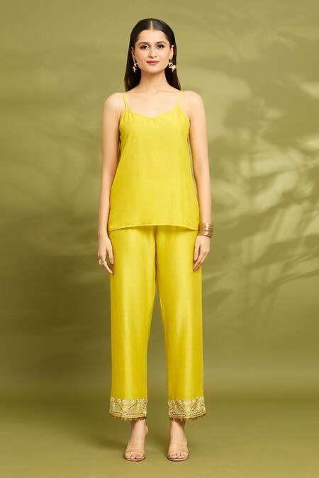 Buy_Vyasa By Urvi_Yellow Chanderi, Viscose, Georgette, Linen Mirrors, Kaftan Trouser Set 