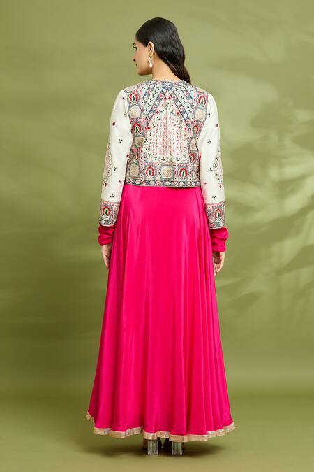 Shop_Vyasa By Urvi_Pink Crepe Hand Embroidered Floral Round Gown With Jacket _at_Aza_Fashions