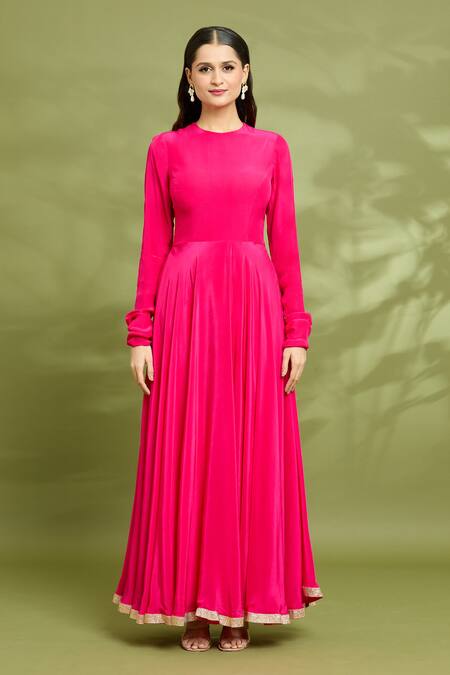 Vyasa By Urvi_Pink Crepe Hand Embroidered Floral Round Gown With Jacket _Online_at_Aza_Fashions